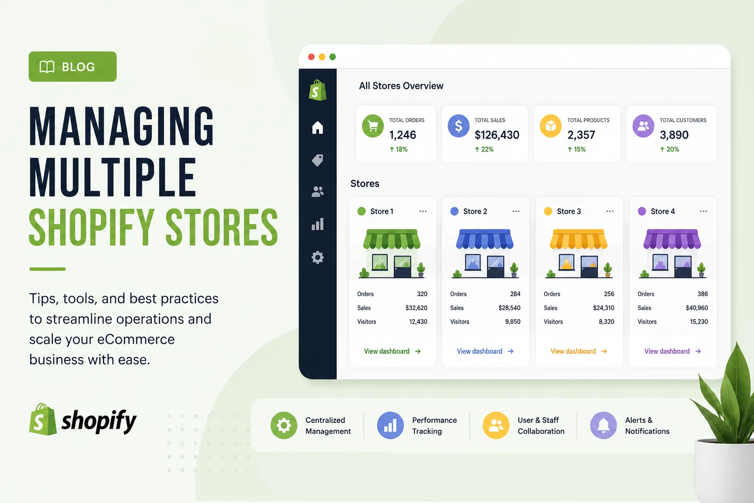 Multiple Shopify store dashboards displayed side by side showing centralized multi-store management