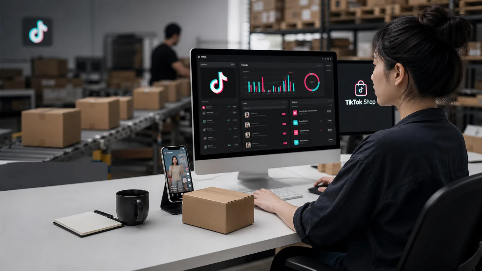 TikTok Shop order and revenue dashboard used by an ecommerce operator in a fulfillment center